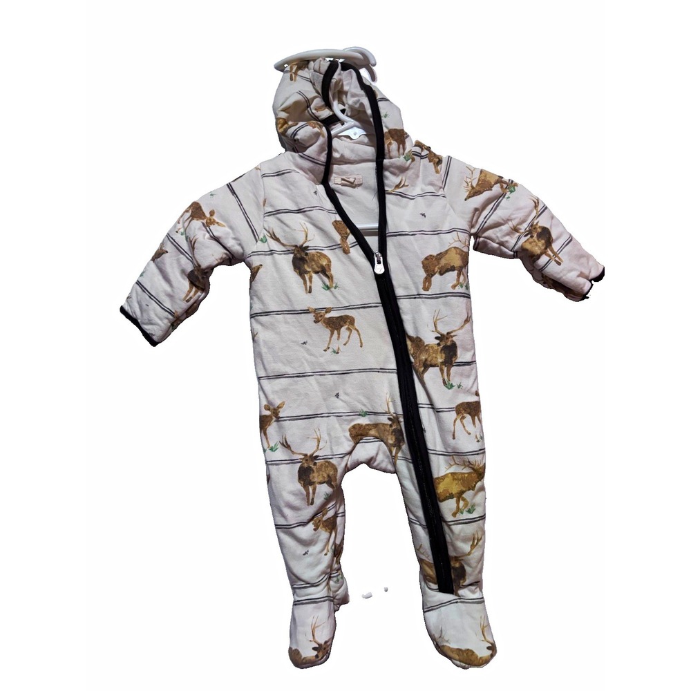 Burt's Bees Baby Hooded Full Zip Bunting Snowsuit Deer Print 3-6M White